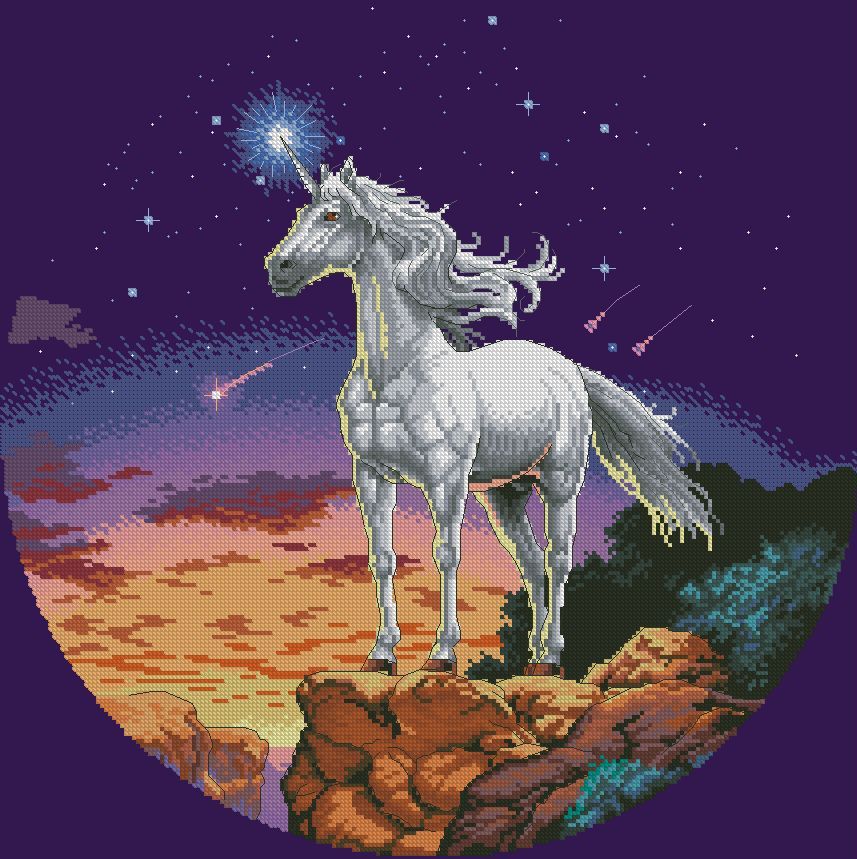 UNICORN-2: Gráfico de punto de cruz para descargar en PDF, imprimir y bordar dibujo con unicornio frente a cielo estrellado
