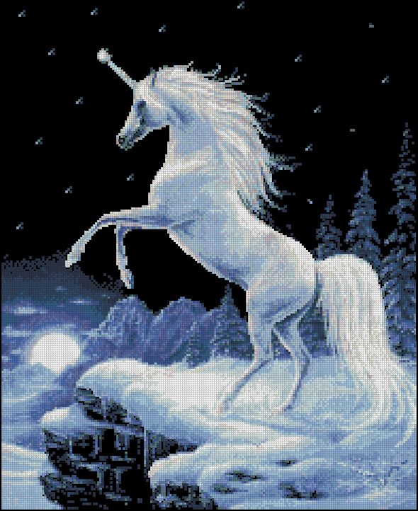 UNICORN-3: bordado a punto de cruz de unicornio en paraje nevado