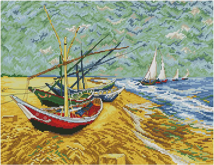 VANGOGH-1: bordado a punto de cruz de cuadro de Van Gogh Barcos pesqueros