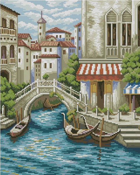 VENICE-1: bordado a punto de cruz de los canales de Venecia